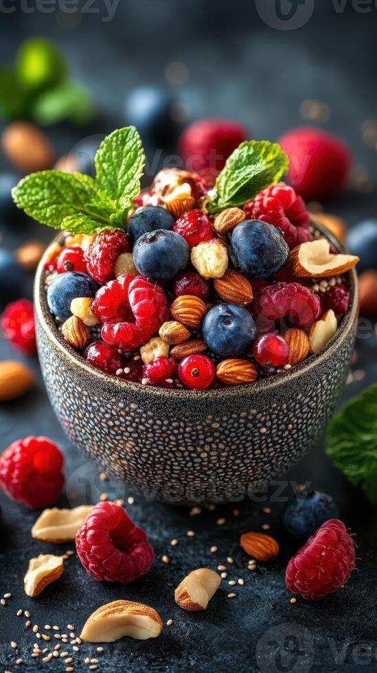 Freshly prepared berry and nut bowl served on a dark surface showcasing vibrant colors and textures photo