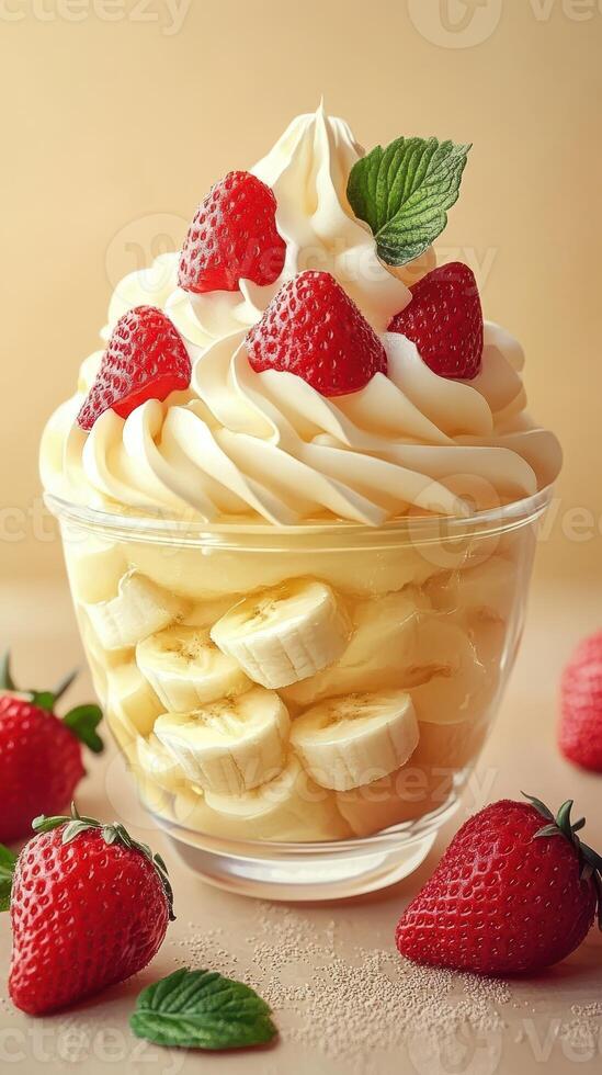 Delicious dessert featuring whipped cream, bananas, and fresh strawberries in a clear cup photo