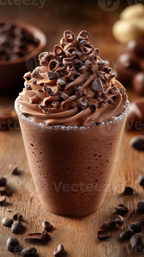Delicious chocolate dessert with whipped cream and chocolate curls on a rustic wooden table photo
