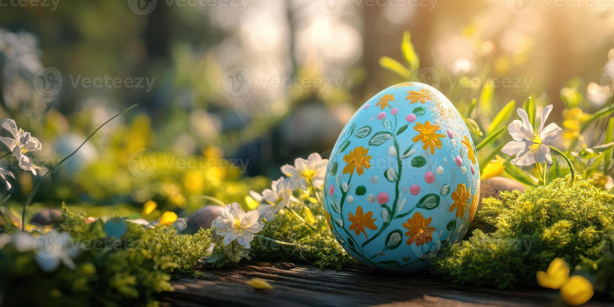 Colorful hand-painted Easter egg surrounded by wildflowers and sunlight in a serene garden setting during springtime photo