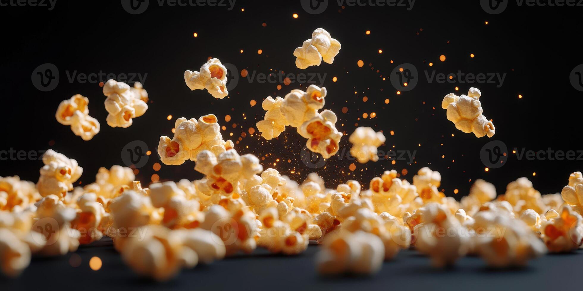 Popcorn bursts into the air amidst a swirl of golden sparks in a dark setting photo