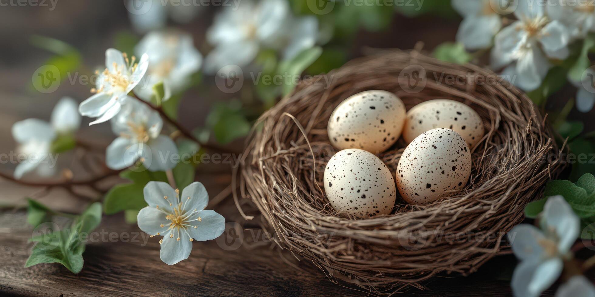 Nest with speckled eggs surrounded by blooming flowers in a rustic setting during springtime photo