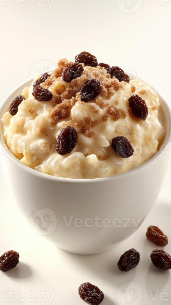 Creamy rice pudding topped with brown sugar and raisins served in white bowl on light background photo