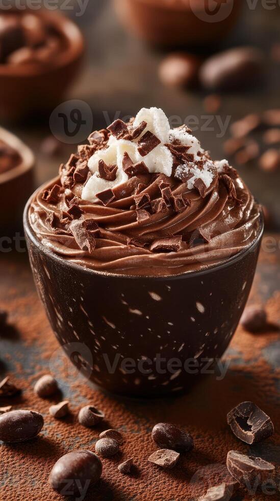 Delicious chocolate mousse served in a dark bowl with whipped cream and chocolate shavings on top photo