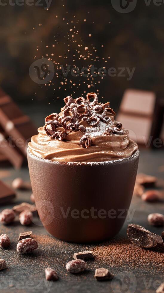 Decadent chocolate dessert topped with whipped cream and cocoa on a textured surface with chocolate pieces photo