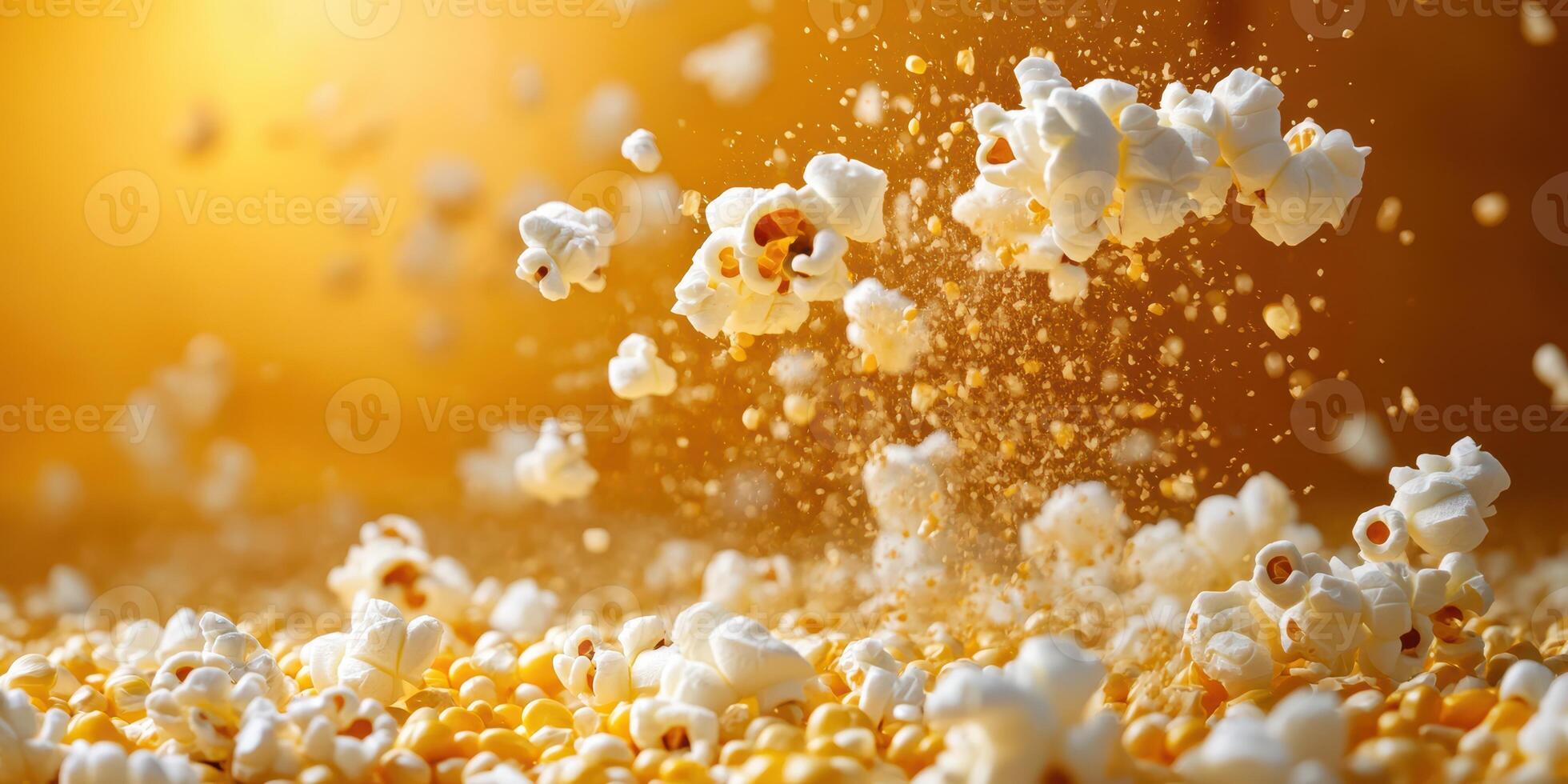 Popcorn kernels bursting into fluffy popcorn against a golden background photo