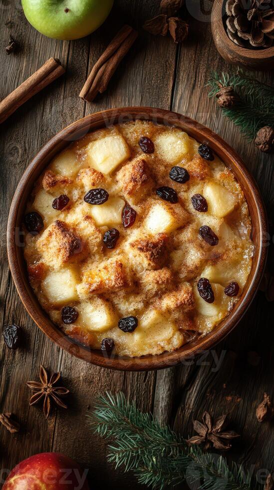 Warm apple bread pudding with spices and raisins served in rustic bowl on wooden table during autumn photo