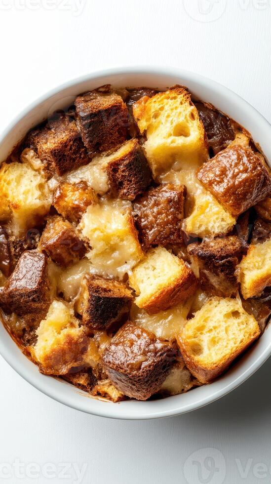 Delicious bread pudding baked to a golden perfection with layers of bread and sweet custard in a cozy kitchen setting photo