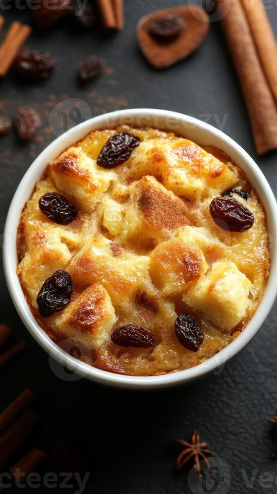 Warm bread pudding with raisins and spices served in a white bowl on a dark background photo
