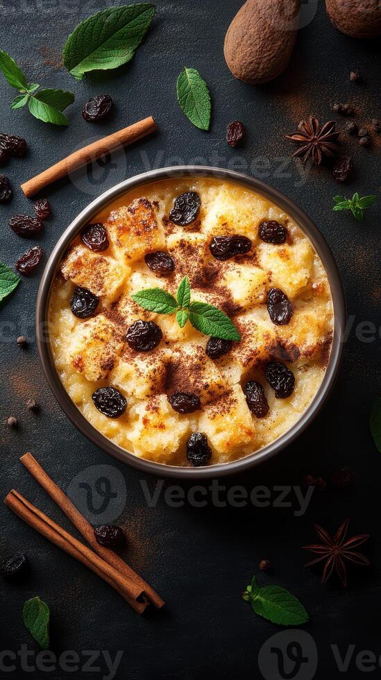 Delicious dessert served in a bowl with spices and garnished with fresh mint leaves on a dark background photo