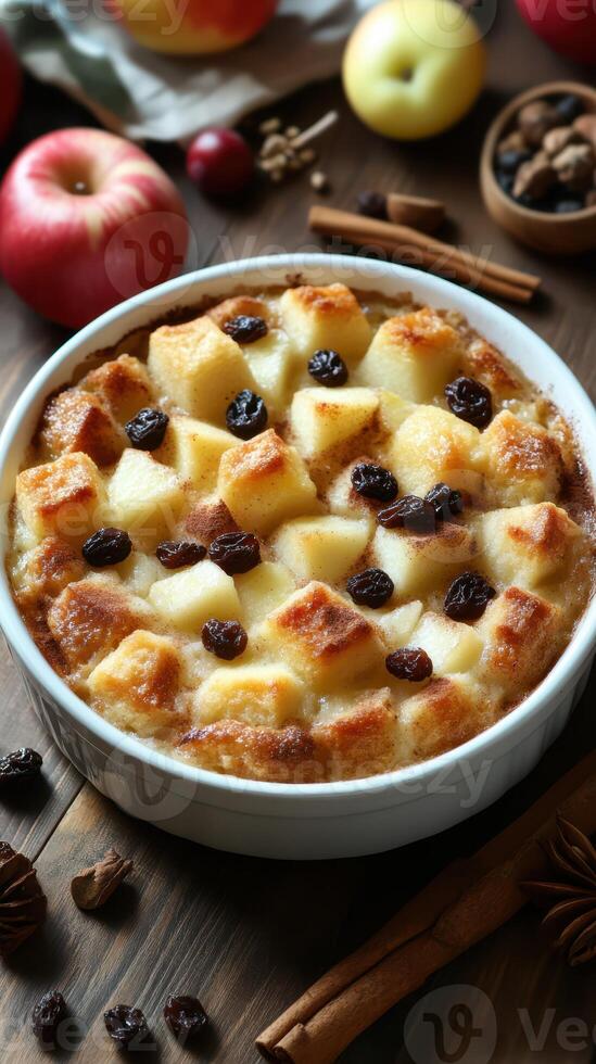 Delicious apple cinnamon bread pudding with raisins presented on a rustic wooden table in a cozy kitchen setting photo