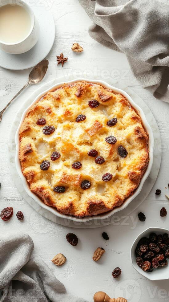 Delicious homemade dessert featuring raisins on a rustic table with warm tones and inviting textures photo