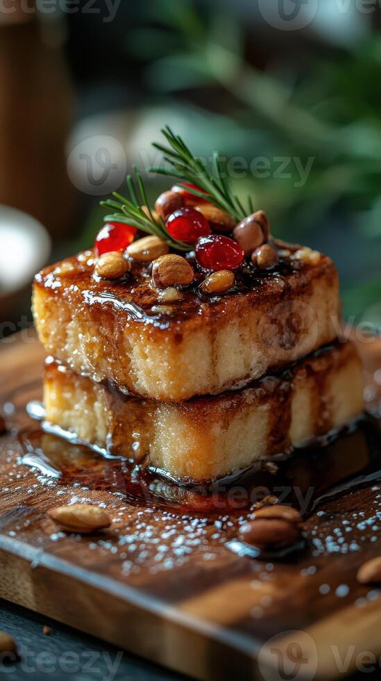 Delicious dessert with syrup and nuts served on a wooden platter in a cozy setting photo