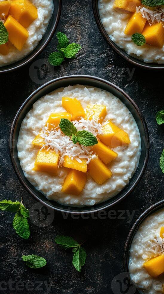Delicious mango coconut rice pudding served in black bowls with fresh mint leaves photo