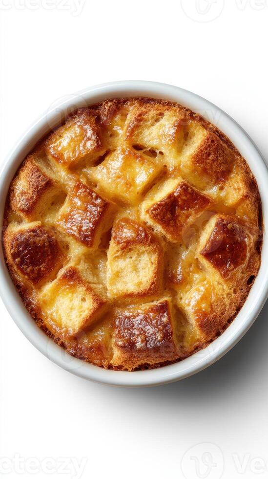 Delicious bread pudding freshly baked with golden crust and soft center ready to be enjoyed at dessert time photo