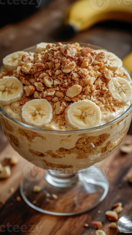 Delicious banana pudding with granola and banana slices served in a clear glass bowl photo