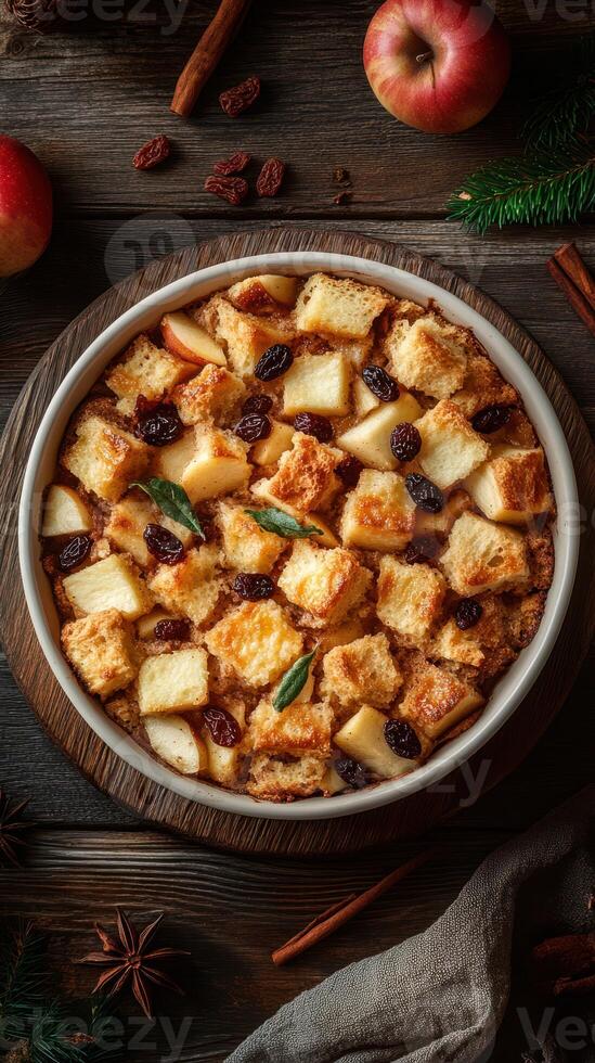 Baked bread pudding with apples and raisins on a rustic wooden table surrounded by cinnamon and apples photo