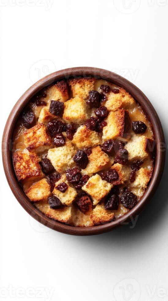 Delicious bread pudding with chocolate chips and a golden crust served in a rustic bowl photo