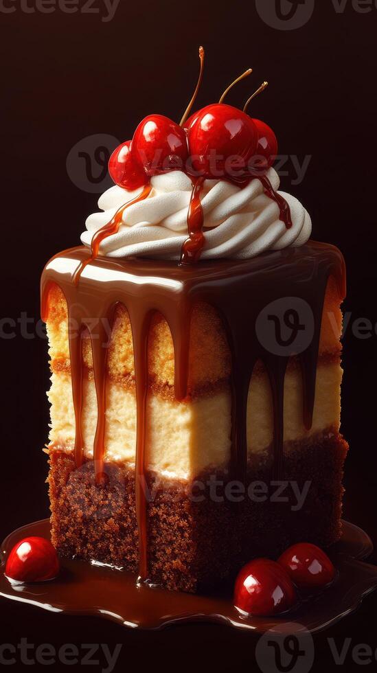 Decadent chocolate cake with cherries and whipped cream served in a stylish dessert setting photo