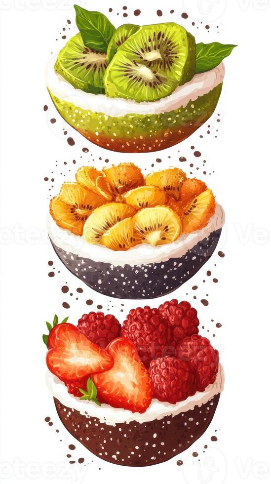 Colorful fruit bowls with creamy toppings featuring kiwi, tangerines, strawberries, and raspberries displayed vertically photo