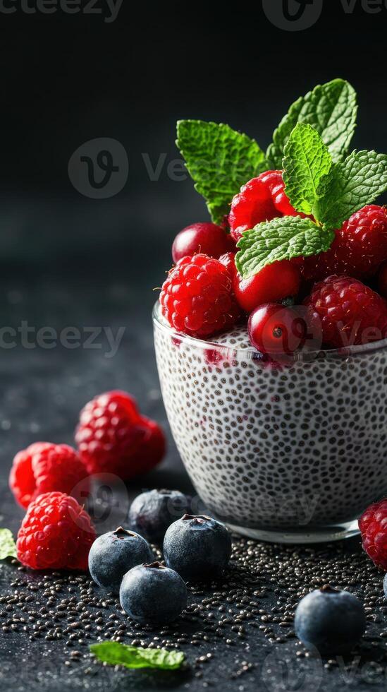 Chia seed pudding topped with fresh raspberries and blueberries in a decorative bowl on a dark textured surface photo