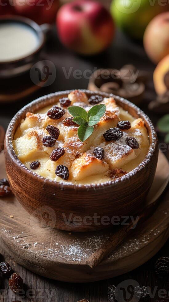Delightful bread pudding with raisins and mint served in a rustic wooden bowl surrounded by fresh fruit photo
