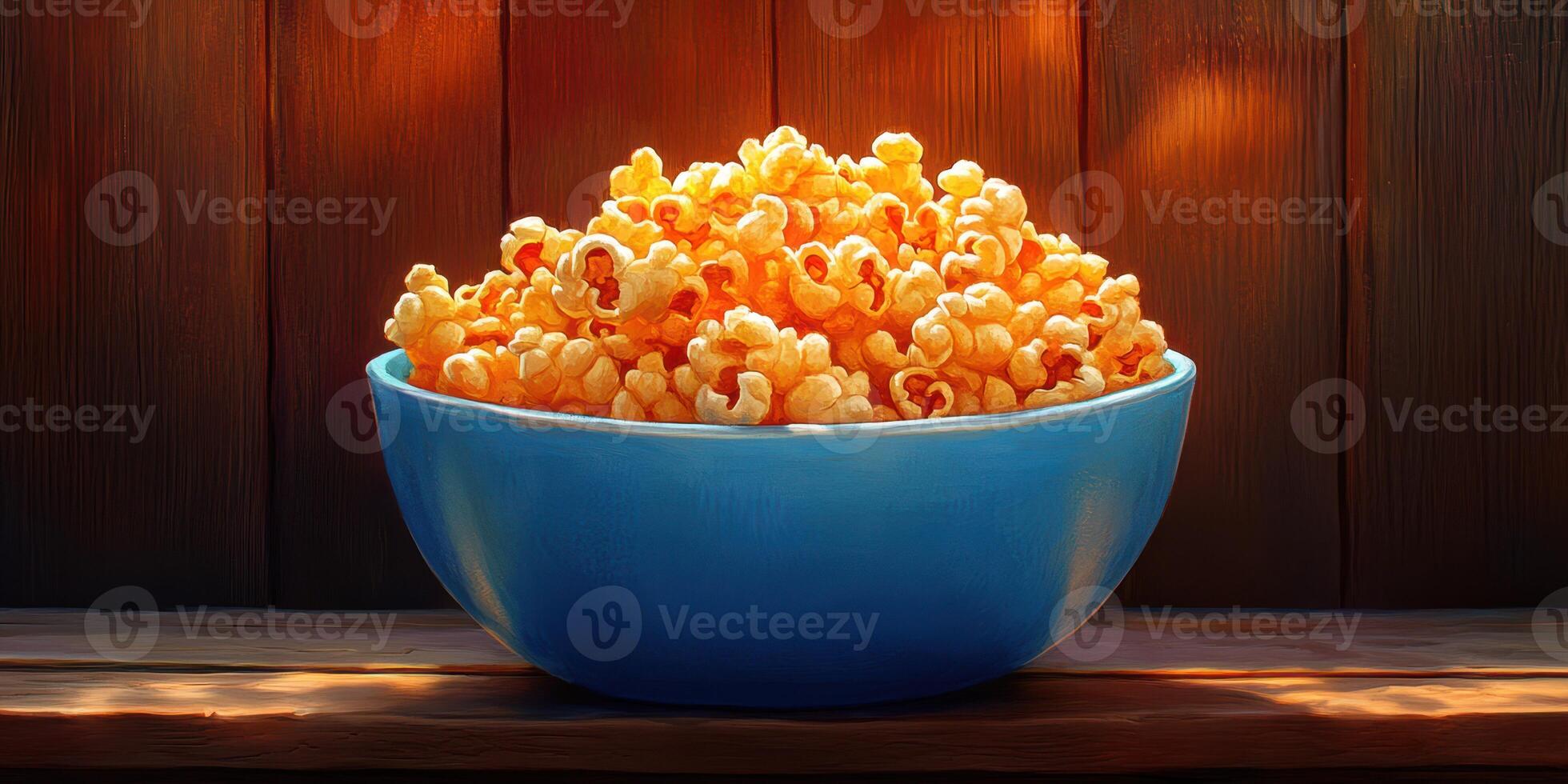 Bowl of freshly popped popcorn placed on a wooden surface, emphasizing a cozy snack moment photo