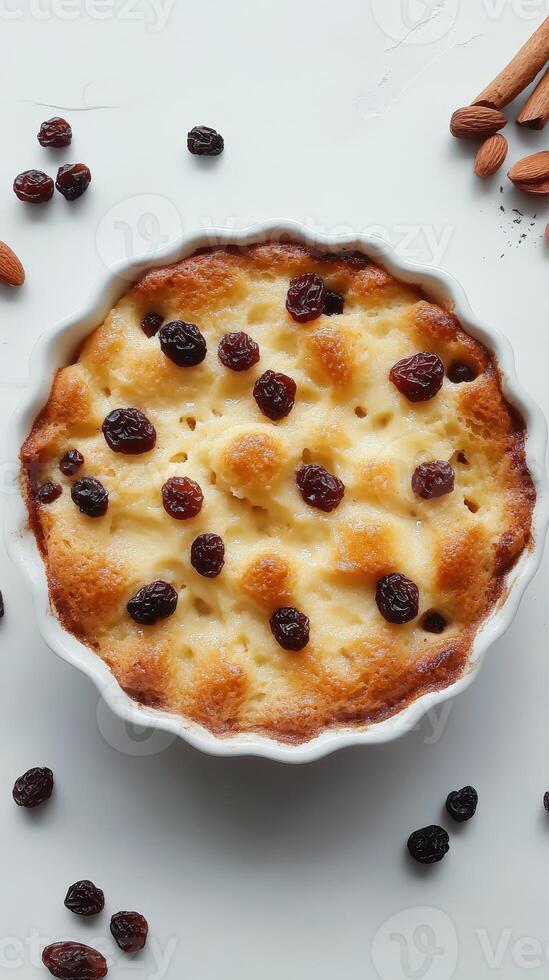 Delicious homemade bread pudding with raisins and almonds served in a white baking dish photo