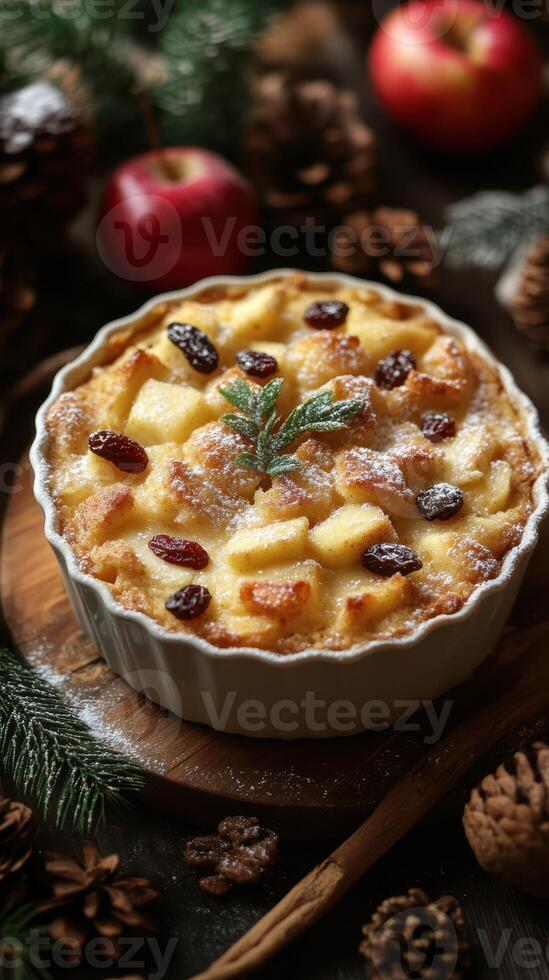 Delicious apple bread pudding with spices and garnishes ready for a festive gathering in a cozy setting photo