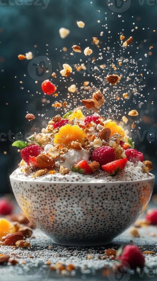 Delicious fruit and nut salad topped with crunchy granola served in a speckled bowl photo