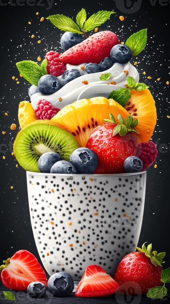 Colorful fruit dessert topped with cream and mint on a dark background showcasing freshness and flavor photo