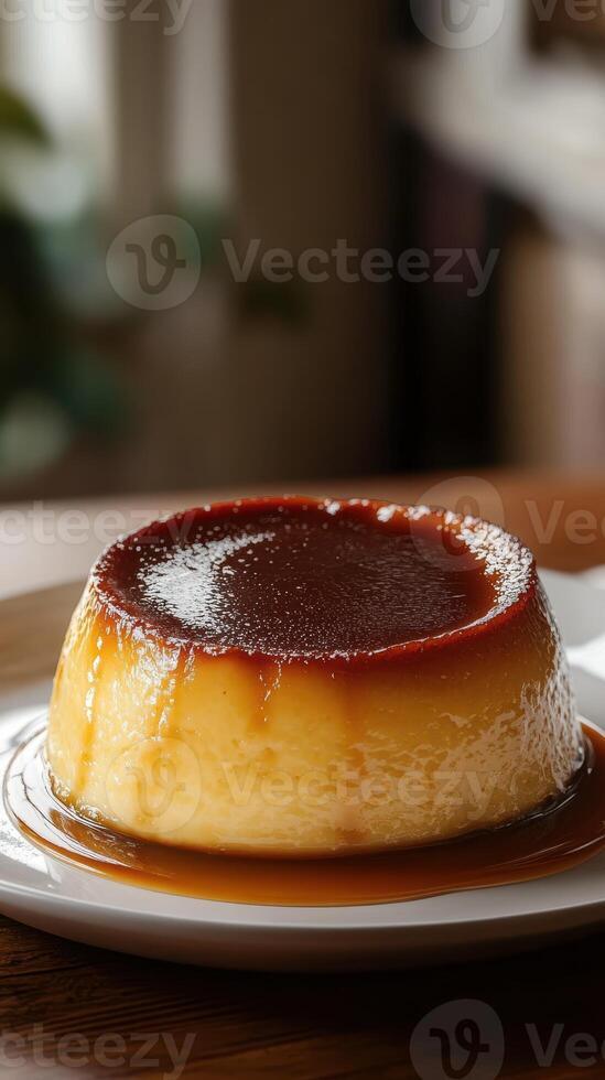 Homemade caramel flan served on a white plate in a cozy kitchen setting on a sunny afternoon photo