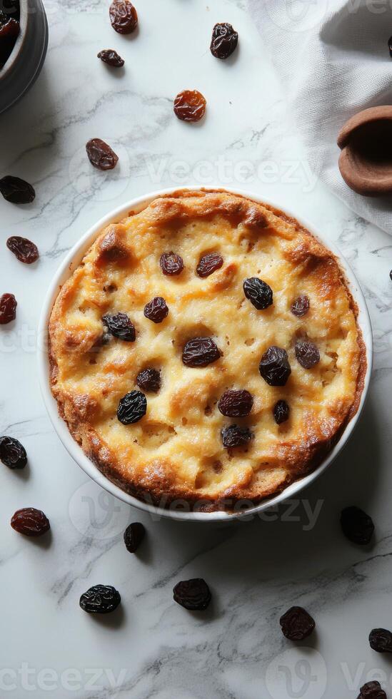 Delicious homemade bread pudding with raisins on a marble countertop photo
