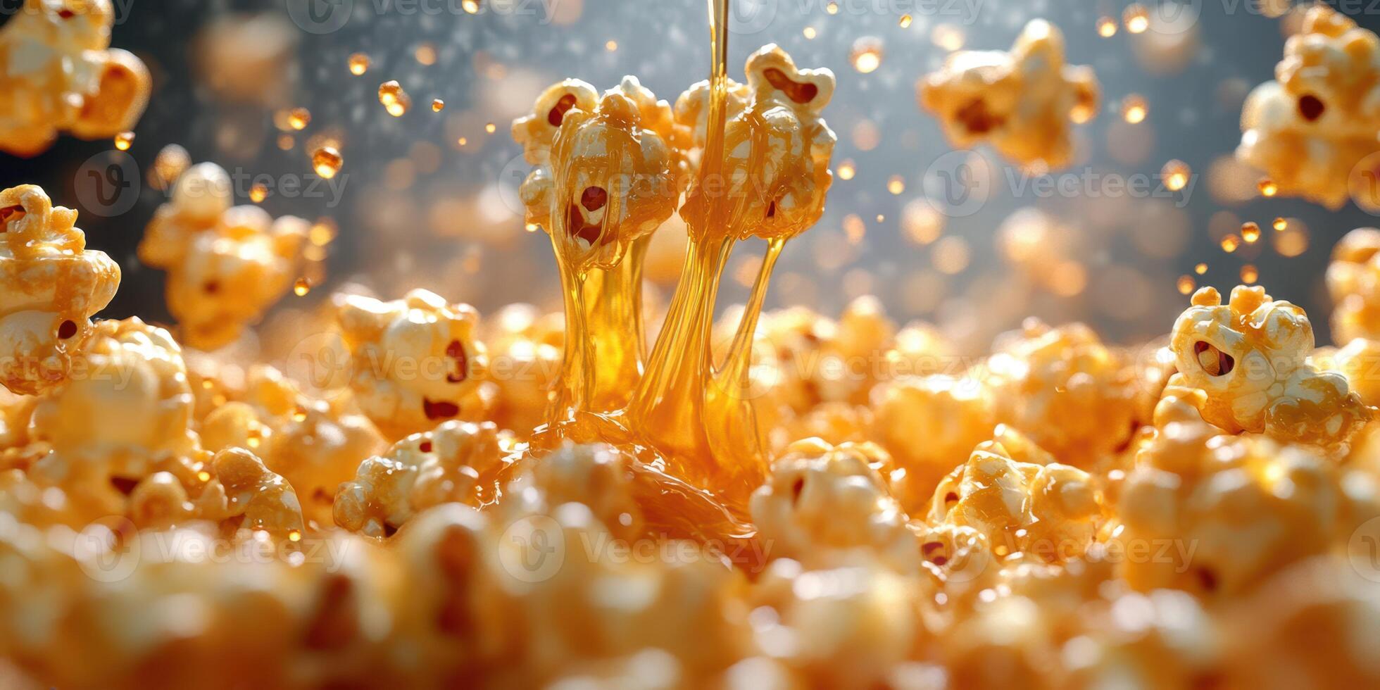 Delicious popcorn being drizzled with caramel in a close-up shot photo