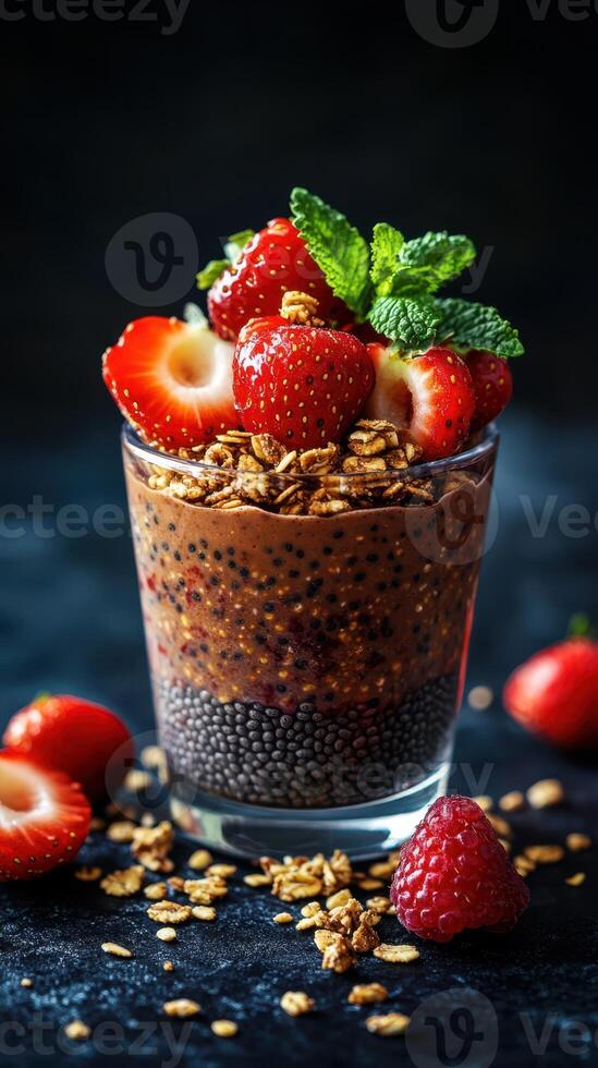 Layers of chocolate parfait with strawberries and granola presented in a glass on a dark background photo