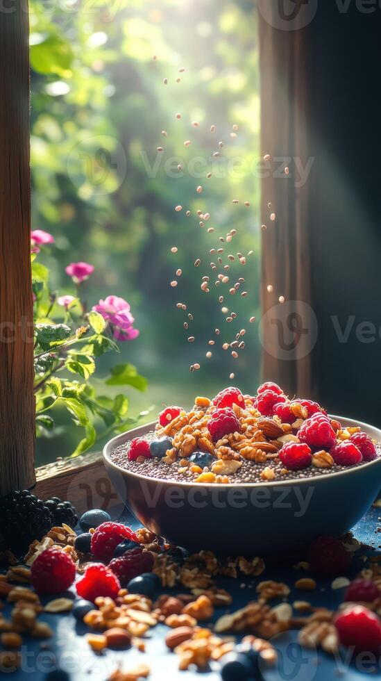Breakfast bowl filled with berries and granola by a sunny window with flowers outside photo