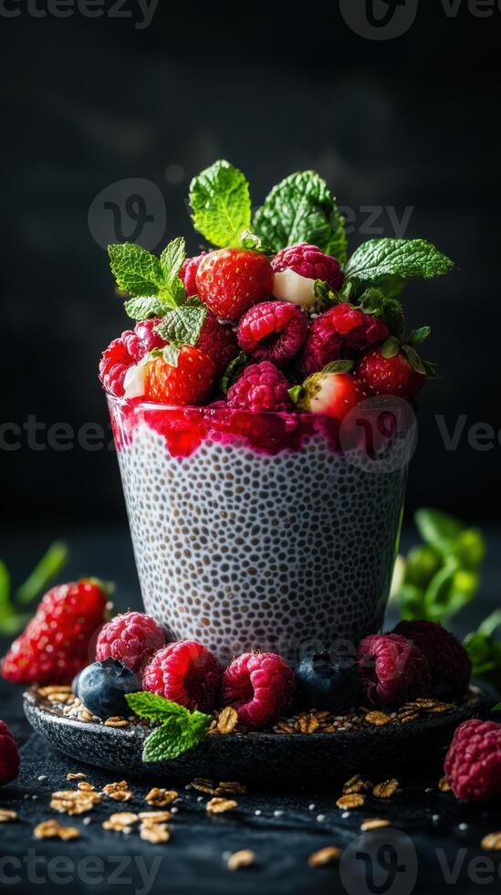 Chia seed pudding topped with fresh berries and mint leaves on a dark background during a food photography session photo