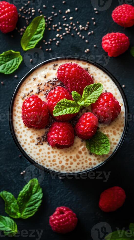 Delicious chia seed pudding topped with fresh raspberries and mint leaves served in a black bowl photo