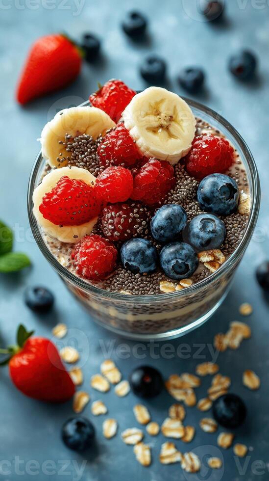Delicious chia seed pudding topped with fresh fruits and oats in a vibrant setting photo