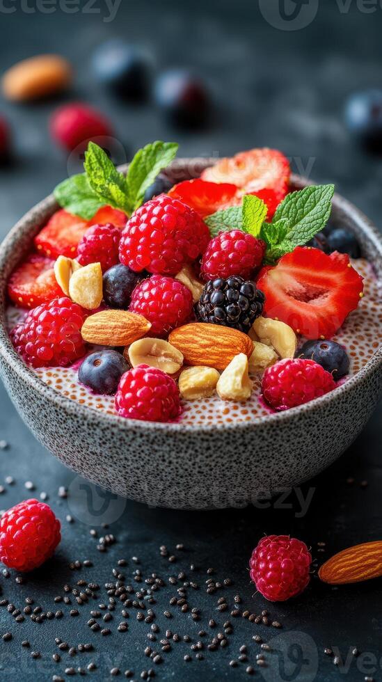 Healthy bowl of chia seed pudding topped with fresh berries and nuts for a nutritious breakfast or snack photo
