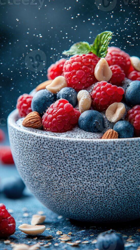 Fresh berry and nut bowl with chia seeds garnished with mint on a blue surface during daylight photo