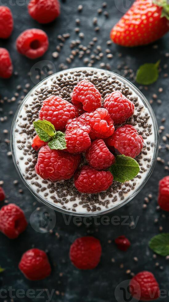 Fresh raspberry parfait with chia seeds and mint on a dark textured background photo