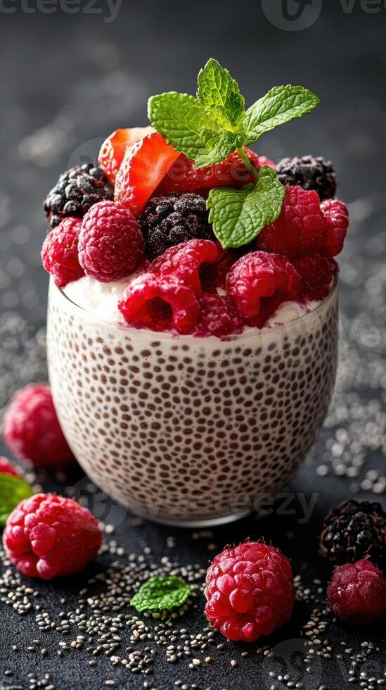 Delicious chia seed pudding topped with fresh berries and mint served on a dark surface photo