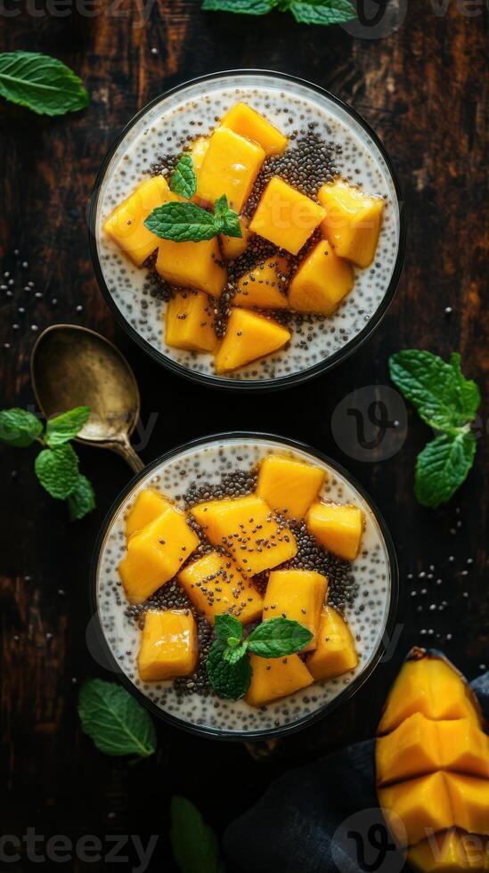 Chia pudding topped with fresh mango and mint served in elegant bowls on a wooden table photo
