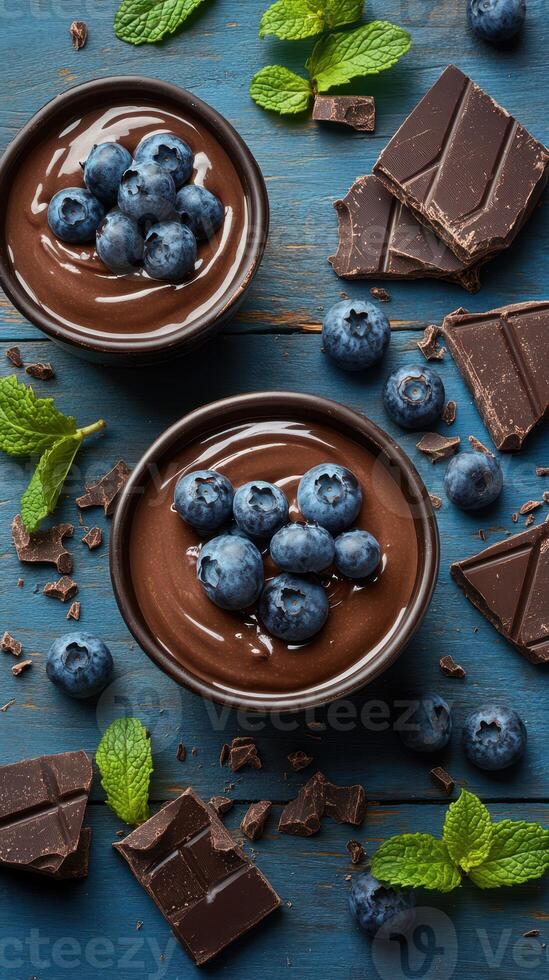 Mouthwatering chocolate mousse topped with fresh blueberries and mint on rustic wooden background photo