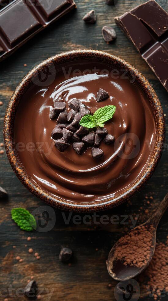 Rich chocolate mousse topped with chocolate chips and fresh mint leaves in a rustic bowl photo