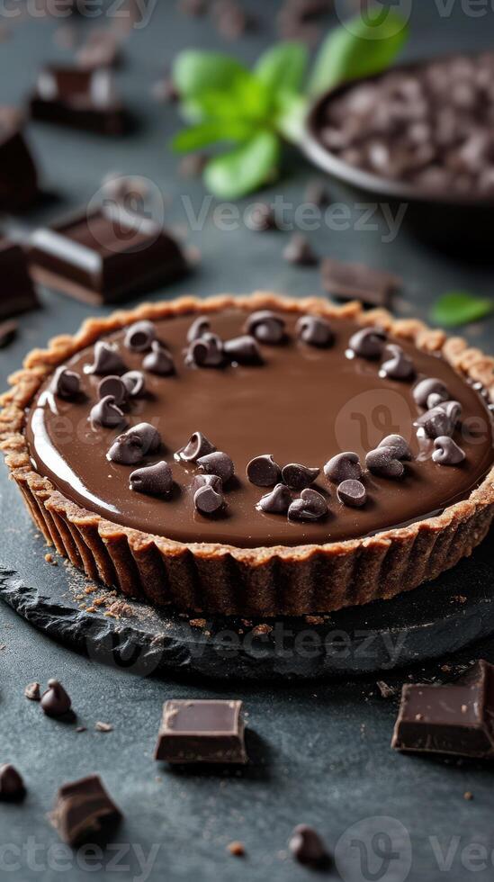 Decadent chocolate tart with dark chocolate chips on a dark stone surface in a beautifully arranged kitchen setting photo