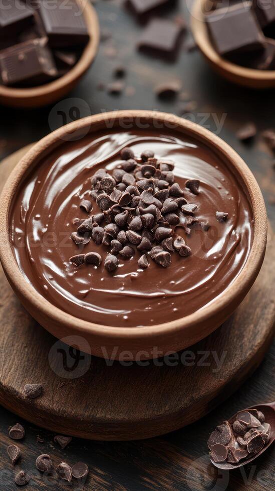 Rich chocolate ganache with chocolate chips displayed in a rustic bowl on a wooden surface photo
