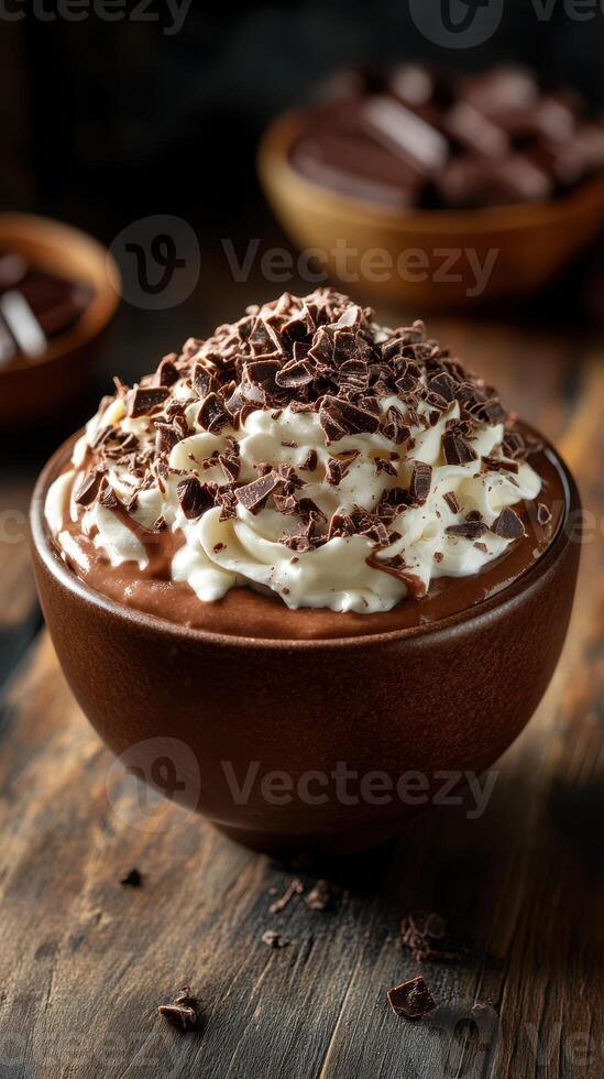 Delicious chocolate mousse topped with whipped cream and chocolate shavings served in a rustic bowl photo