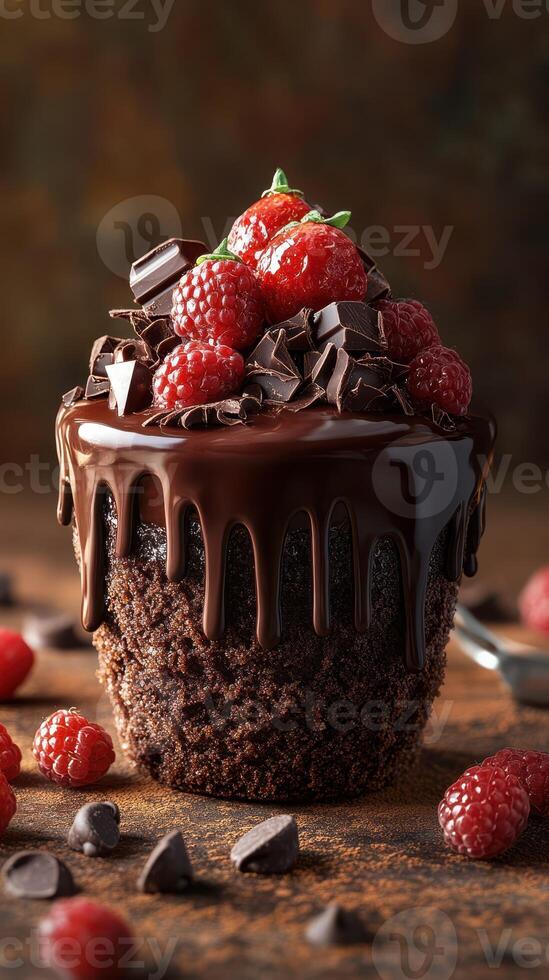 Delicious chocolate cupcake topped with fresh raspberries and chocolate shavings photo